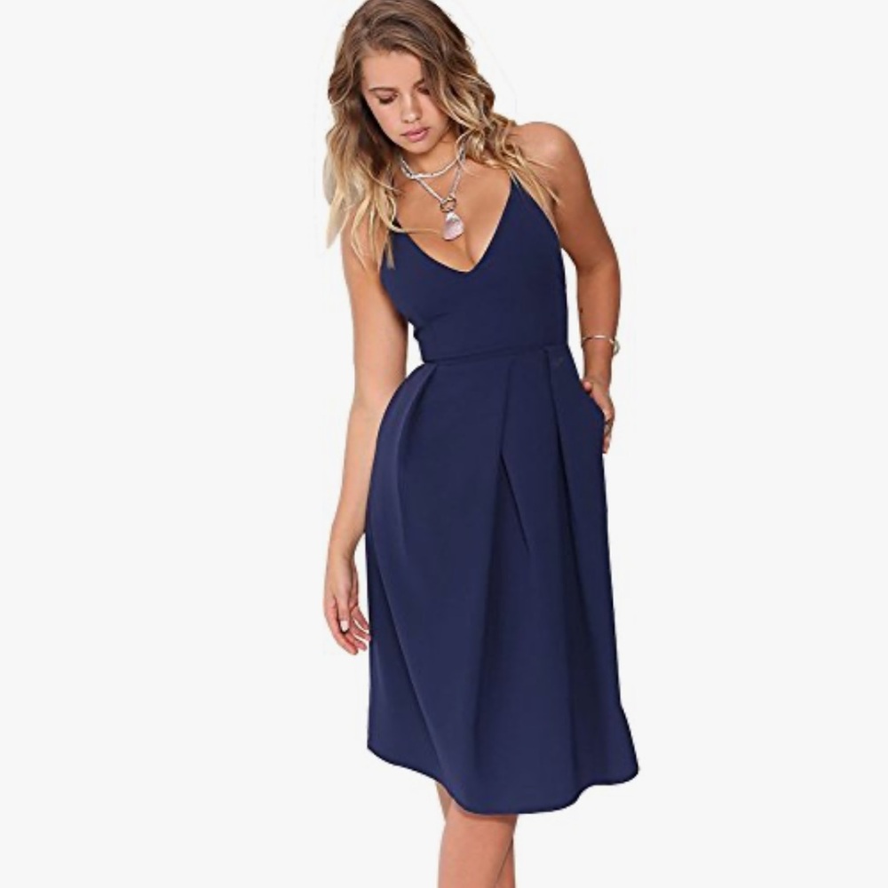 NWT Elia Cher Navy Midi Dress Deep V Neck Strappy Back Summer Size L